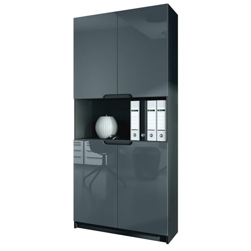 Vladon Büroschrank Logan V2, Made in Germany, Aktenschrank mit 5 Fächern und 4 Türen, Schwarz matt/Grau Hochglanz (82 x 184 x 37 cm) von Vladon