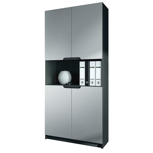 Vladon Büroschrank Logan V2, Made in Germany, Aktenschrank mit 5 Fächern und 4 Türen, Schwarz matt/Hellgrau seidenmatt (82 x 184 x 37 cm) von Vladon