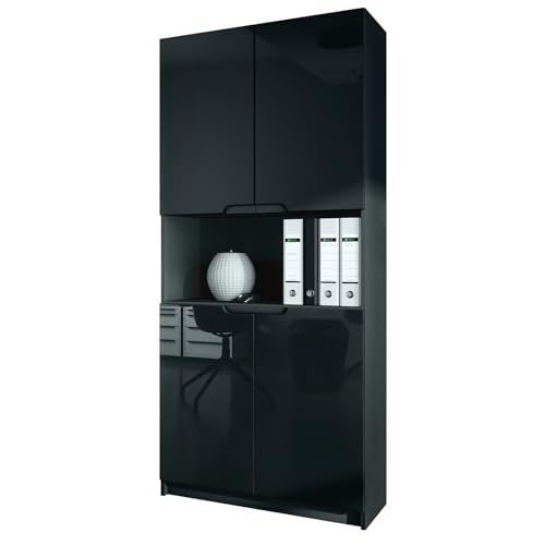 Vladon Büroschrank Logan V2, Made in Germany, Aktenschrank mit 5 Fächern und 4 Türen, Schwarz matt/Schwarz Hochglanz (82 x 184 x 37 cm) von Vladon