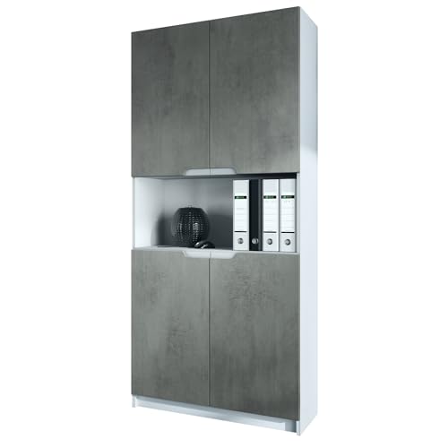 Vladon Büroschrank Logan V2, Made in Germany, Aktenschrank mit 5 Fächern und 4 Türen, Weiß matt/Beton Dunkel Optik (82 x 184 x 37 cm) von Vladon