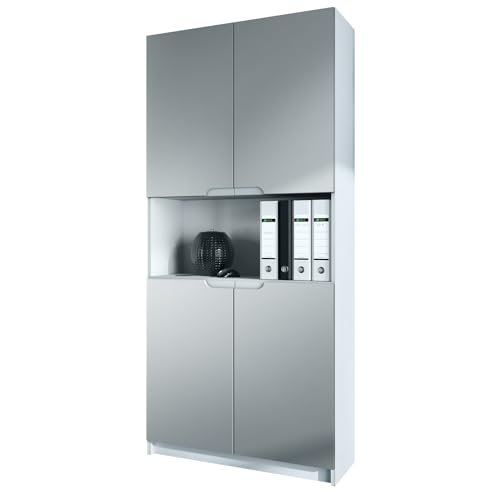 Vladon Büroschrank Logan V2, Made in Germany, Aktenschrank mit 5 Fächern und 4 Türen, Weiß matt/Hellgrau seidenmatt (82 x 184 x 37 cm) von Vladon