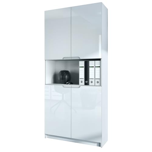 Vladon Büroschrank Logan V2, Made in Germany, Aktenschrank mit 5 Fächern und 4 Türen, Weiß matt/Weiß Hochglanz (82 x 184 x 37 cm) von Vladon