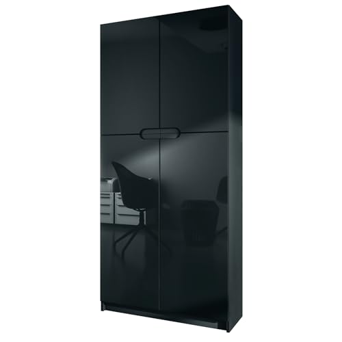 Vladon Büroschrank Logan V1, Made in Germany, Aktenschrank mit 5 Fächern und 4 Türen, Schwarz matt/Schwarz Hochglanz (82 x 185 x 37 cm) von Vladon
