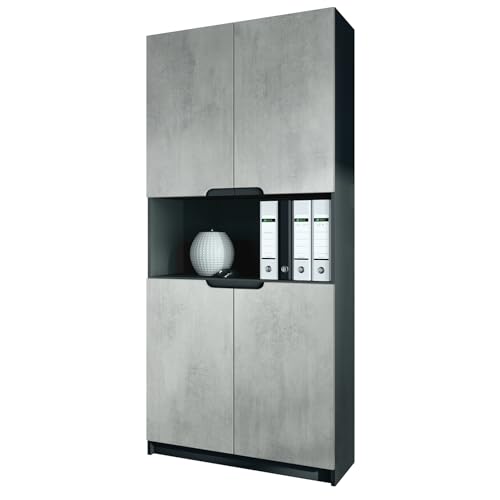 Vladon Büroschrank Logan V2, Made in Germany, Aktenschrank mit 5 Fächern und 4 Türen, Schwarz matt/Beton Oxid-Optik (82 x 184 x 37 cm) von Vladon