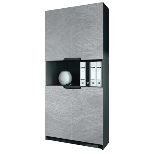 Vladon Büroschrank Logan V2, Made in Germany, Aktenschrank mit 5 Fächern und 4 Türen, Schwarz matt/Scratchy Metal (82 x 184 x 37 cm) von Vladon