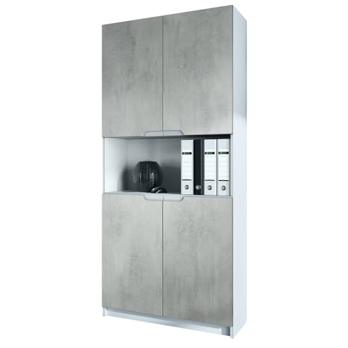 Vladon Büroschrank Logan V2, Made in Germany, Aktenschrank mit 5 Fächern und 4 Türen, Weiß matt/Beton Oxid-Optik (82 x 184 x 37 cm) von Vladon