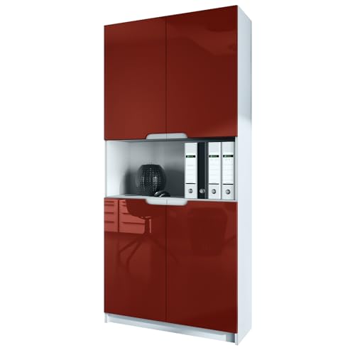 Vladon Büroschrank Logan V2, Made in Germany, Aktenschrank mit 5 Fächern und 4 Türen, Weiß matt/Bordeaux Hochglanz (82 x 184 x 37 cm) von Vladon