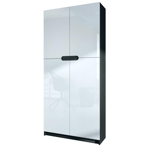 Vladon Büroschrank Logan V1, Made in Germany, Aktenschrank mit 5 Fächern und 4 Türen, Schwarz matt/Weiß Hochglanz (82 x 185 x 37 cm) von Vladon