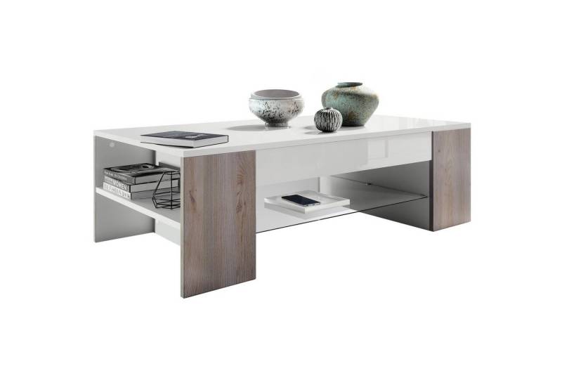 Vladon Couchtisch Clip (Wohnzimmertisch, mit 2 Seitenfächern und 1 Glasplatte), Weiß matt/ Eiche Nordic (118 x 37 x 60 cm) von Vladon