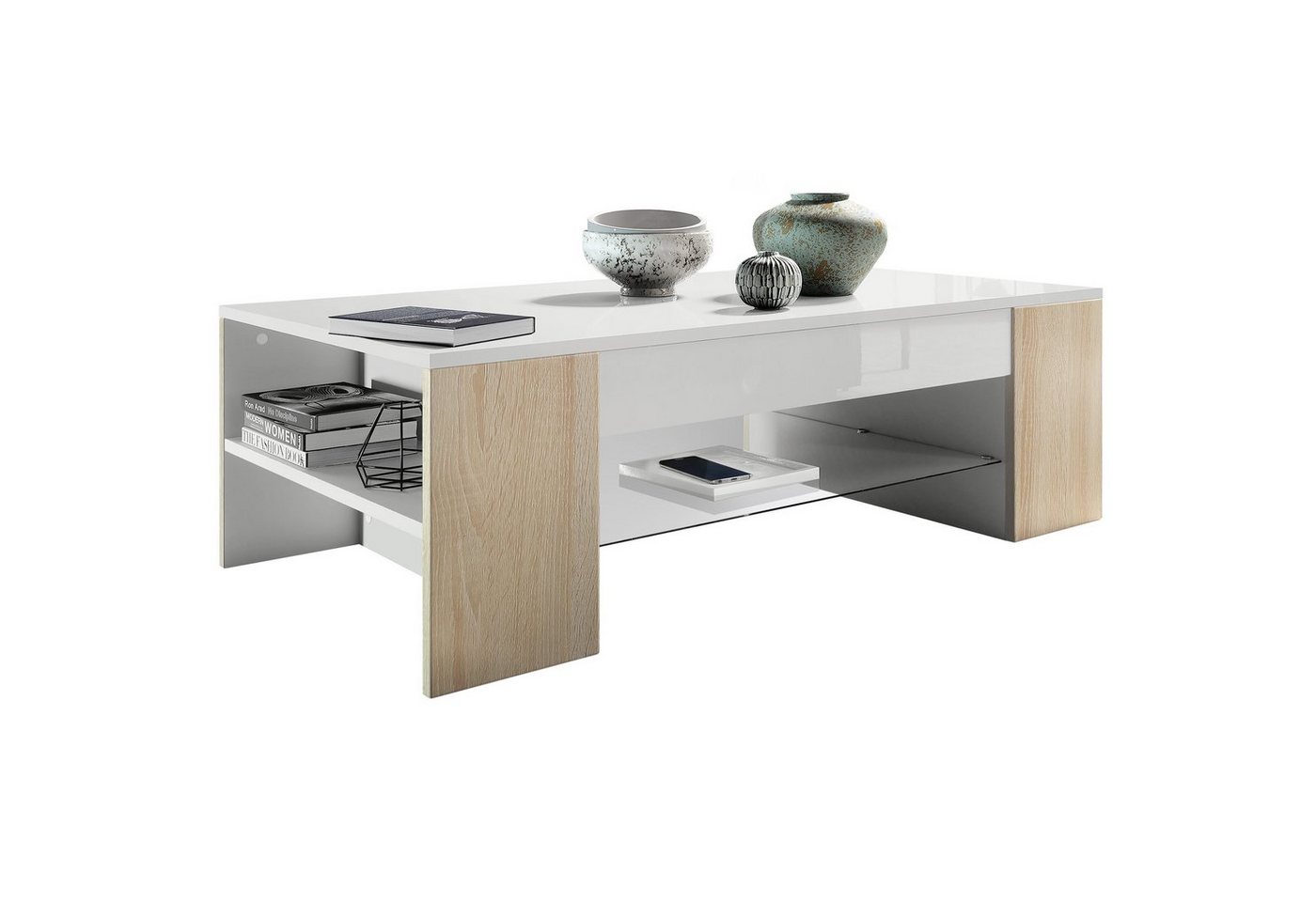 Vladon Couchtisch Clip (Wohnzimmertisch, mit 2 Seitenfächern und 1 Glasplatte), Weiß matt/ Eiche-Sägerau (118 x 37 x 60 cm) von Vladon