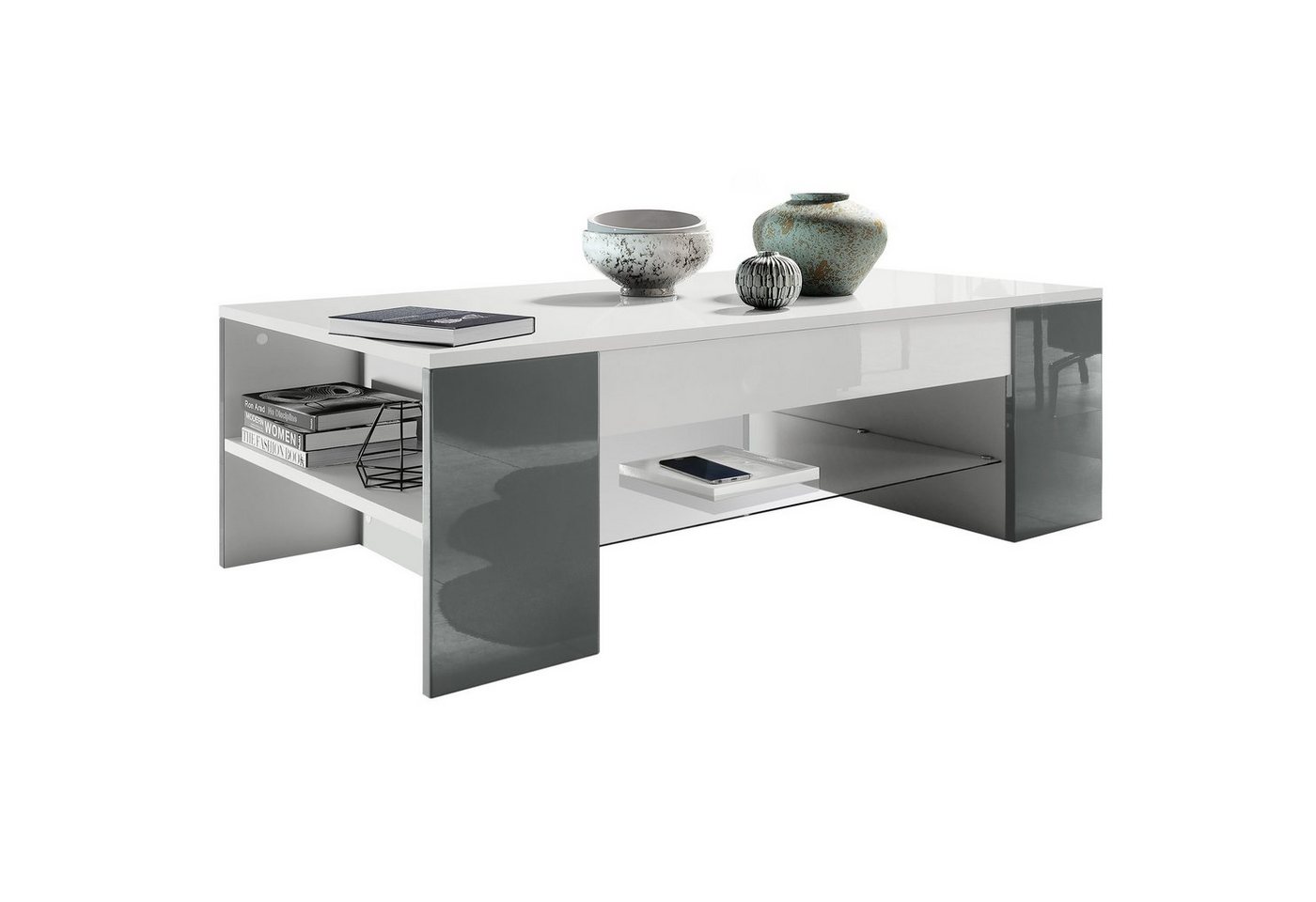 Vladon Couchtisch Clip (Wohnzimmertisch, mit 2 Seitenfächern und 1 Glasplatte), Weiß matt/ Grau Hochglanz (118 x 37 x 60 cm) von Vladon