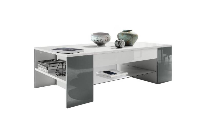 Vladon Couchtisch Clip (Wohnzimmertisch, mit 2 Seitenfächern und 1 Glasplatte), Weiß matt/ Grau Hochglanz (118 x 37 x 60 cm) von Vladon