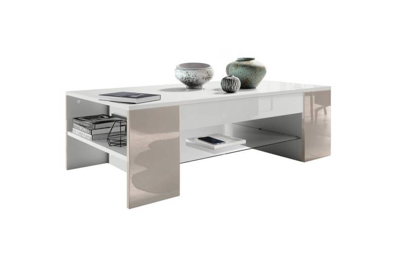 Vladon Couchtisch Clip (Wohnzimmertisch, mit 2 Seitenfächern und 1 Glasplatte), Weiß matt/ Sandgrau Hochglanz (118 x 37 x 60 cm) von Vladon
