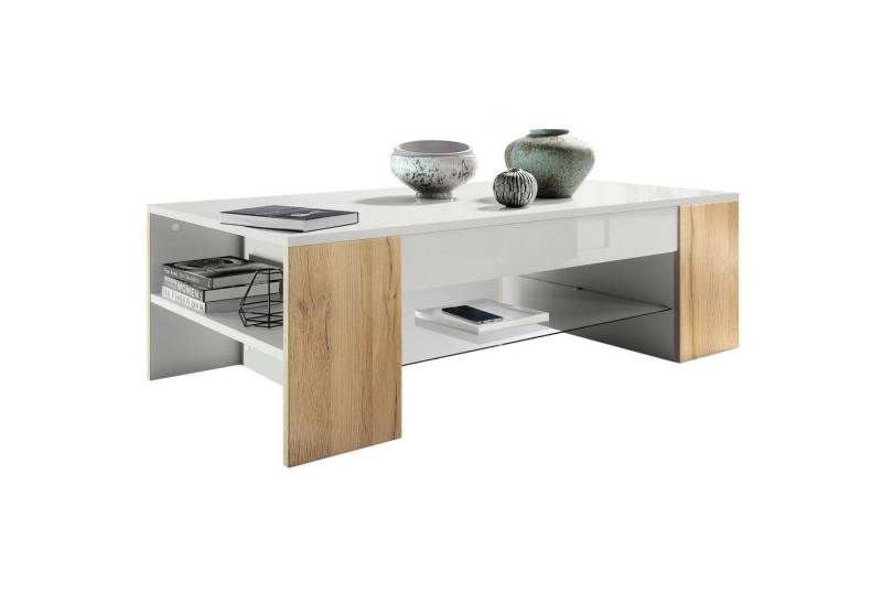Vladon Couchtisch Clip (Wohnzimmertisch, mit 2 Seitenfächern und 1 Glasplatte), Weiß matt/Eiche Natur (118 x 37 x 60 cm) von Vladon