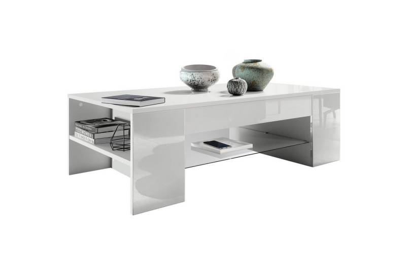 Vladon Couchtisch Clip (Wohnzimmertisch, mit 2 Seitenfächern und 1 Glasplatte), Weiß matt/Weiß Hochglanz (118 x 37 x 60 cm) von Vladon