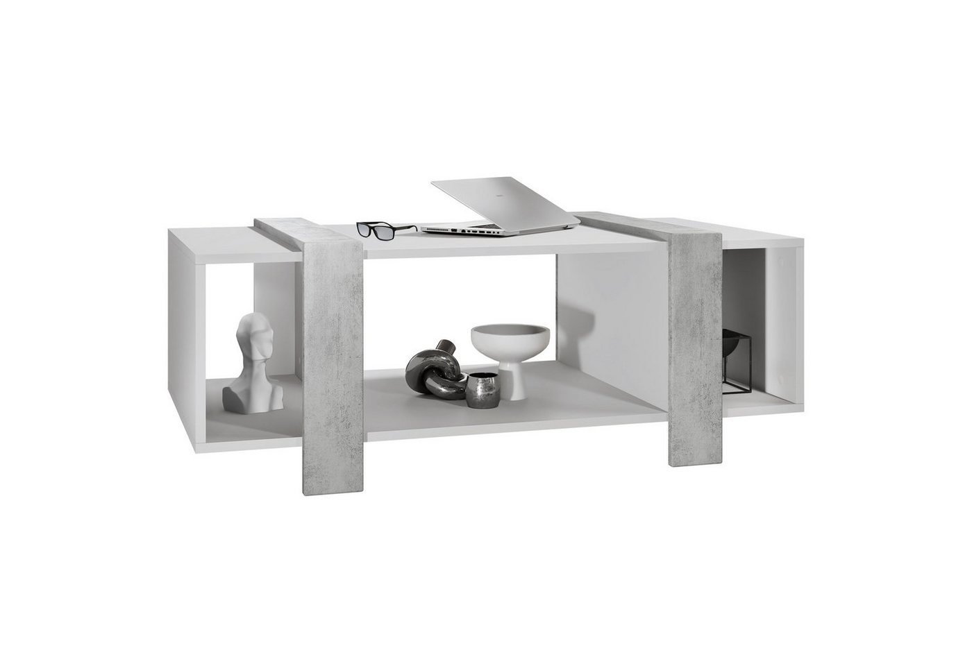 Vladon Couchtisch Ida (Wohnzimmertisch, mit drei Fächern), Weiß matt/Beton Oxid Optik (110,5 x 42 x 56,5 cm) von Vladon