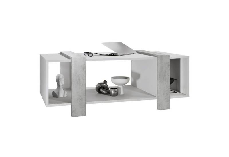 Vladon Couchtisch Ida (Wohnzimmertisch, mit drei Fächern), Weiß matt/Beton Oxid Optik (110,5 x 42 x 56,5 cm) von Vladon