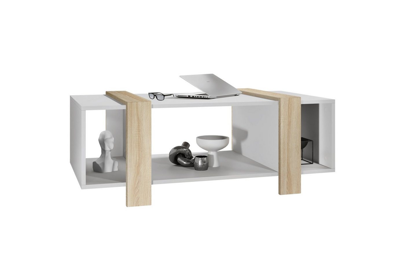 Vladon Couchtisch Ida (Wohnzimmertisch, mit drei Fächern), Weiß matt/Eiche sägerau (110,5 x 42 x 56,5 cm) von Vladon