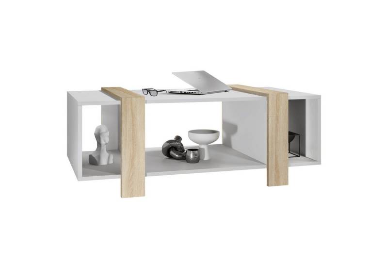 Vladon Couchtisch Ida (Wohnzimmertisch, mit drei Fächern), Weiß matt/Eiche sägerau (110,5 x 42 x 56,5 cm) von Vladon
