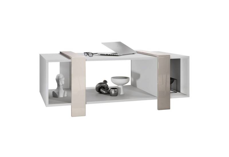 Vladon Couchtisch Ida (Wohnzimmertisch, mit drei Fächern), Weiß matt/Sandgrau Hochglanz (110,5 x 42 x 56,5 cm) von Vladon