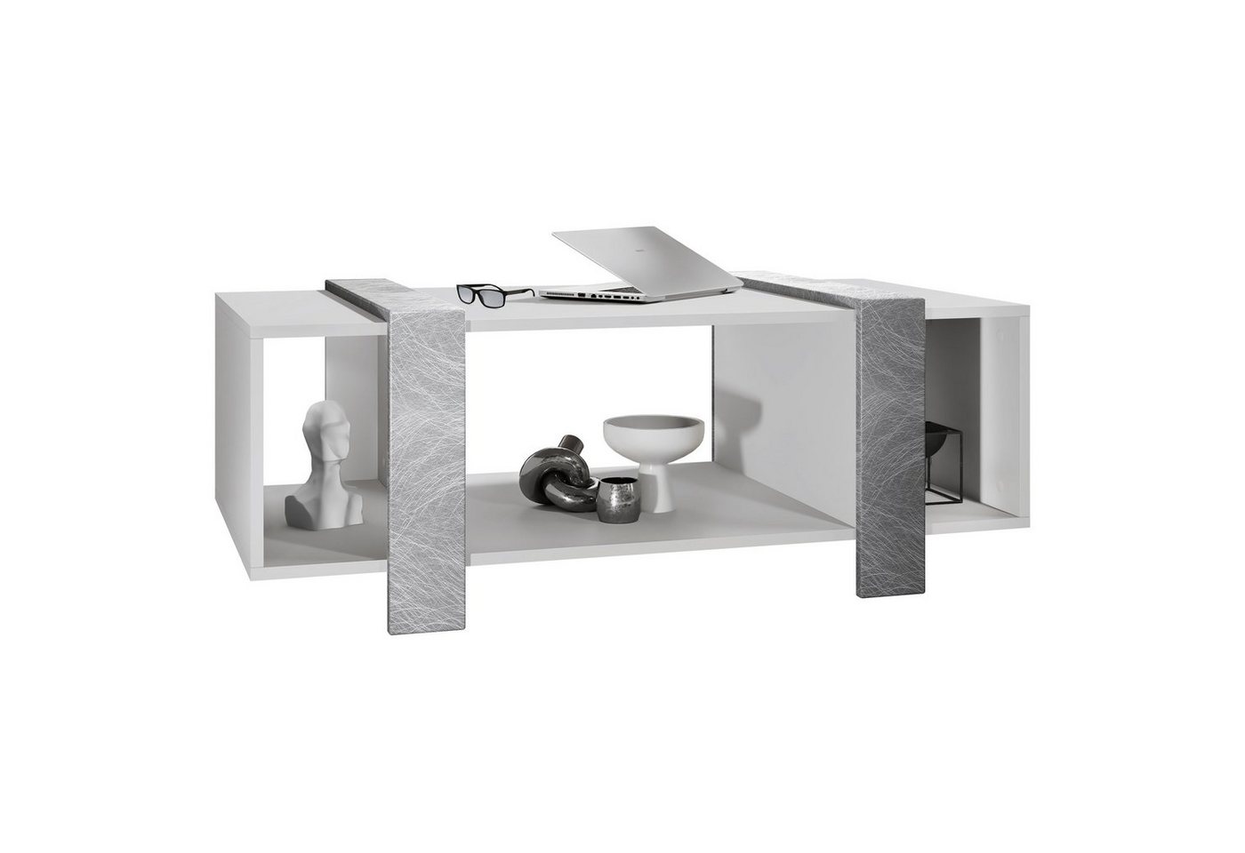 Vladon Couchtisch Ida (Wohnzimmertisch, mit drei Fächern), Weiß matt/Scratchy Metal (110,5 x 42 x 56,5 cm) von Vladon