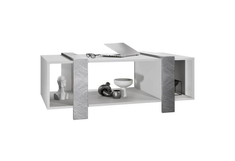 Vladon Couchtisch Ida (Wohnzimmertisch, mit drei Fächern), Weiß matt/Scratchy Metal (110,5 x 42 x 56,5 cm) von Vladon