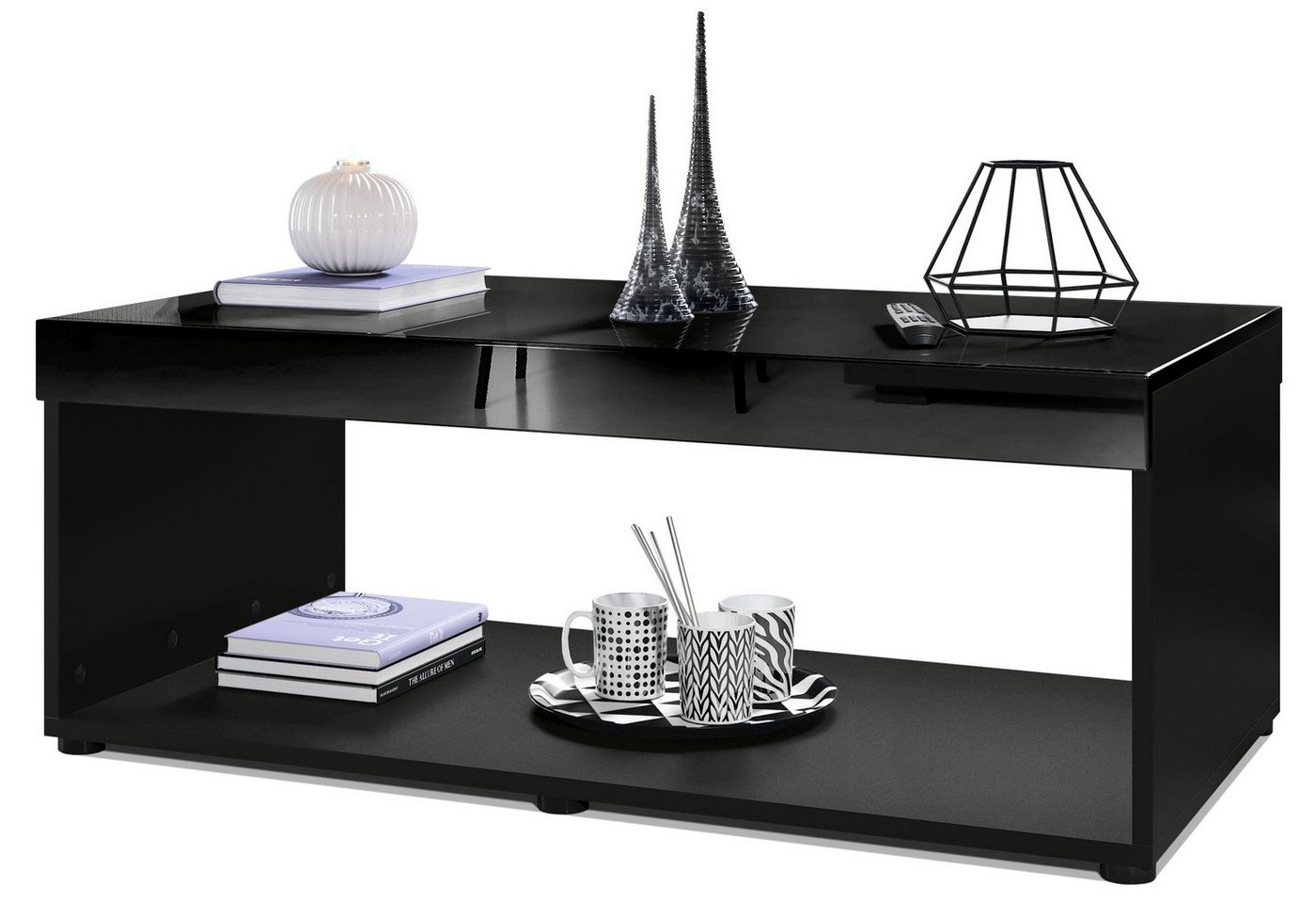 Vladon Couchtisch Pure (Wohnzimmertisch, in Kastenform), Schwarz matt/Schwarz Hochglanz (104 x 40,5 x 58 cm) von Vladon