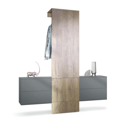 Vladon Garderobe Carlton Set 3, Made in Germany, Wandgarderobe aus Flur-Paneel & 2 Schubladen-Kommoden, Anthrazit matt/Eiche Ribbeck (157 x 193 x 35 cm) von Vladon