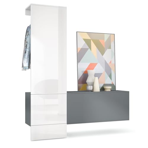 Vladon Garderobe Carlton Set 4, Made in Germany, Wandgarderobe aus Deko-Paneel & Hängeschrank für Schuhe, Anthrazit matt/Weiß Hochglanz (156,5 x 193 x 35 cm) von Vladon