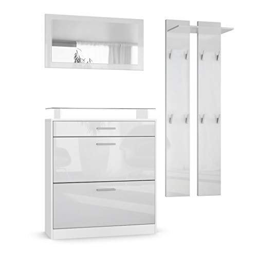 Vladon Garderobe Loret mini, Garderobenset bestehend aus 1 Schuhschrank, 1 Wandspiegel und 2 Garderobenpaneele, Weiß matt/Weiß Hochglanz Vladon Garderobe Loret mini, Garderobenset bestehend aus 1 Schuhschrank, 1 Wandspiegel und 2 Garderobenpaneele, Weiß matt/Weiß Hochglanz von Vladon