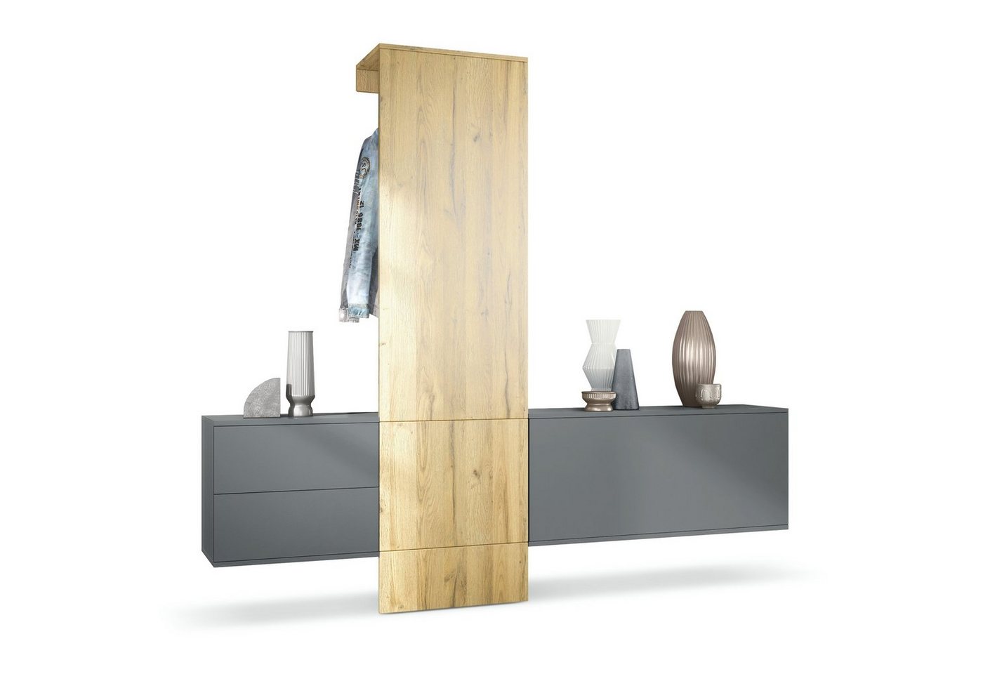 Vladon Garderoben-Set Carlton Set 1, (Wandgarderobe bestehend aus, 1 Paneel, 1 Schubkastenschrank und 1 Schrankmodul), Anthrazit matt/Eiche Natur (209 x 193 x 35 cm) von Vladon