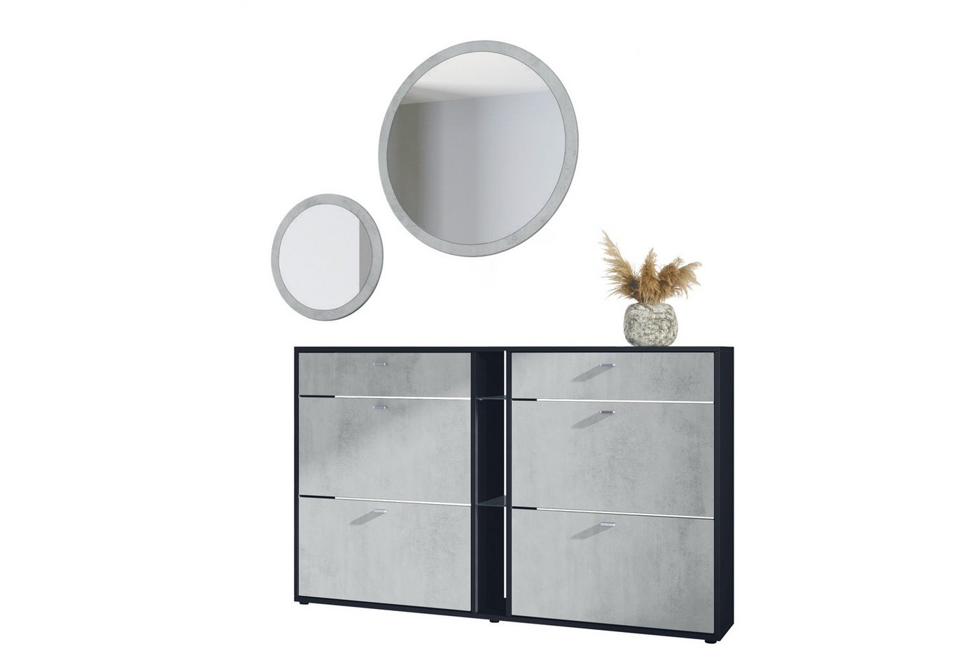 Vladon Garderoben-Set Florence, (Garderoben-Set, mit Schuhschrank und 2 Wandspiegel), Schwarz matt/Beton Oxid Optik von Vladon