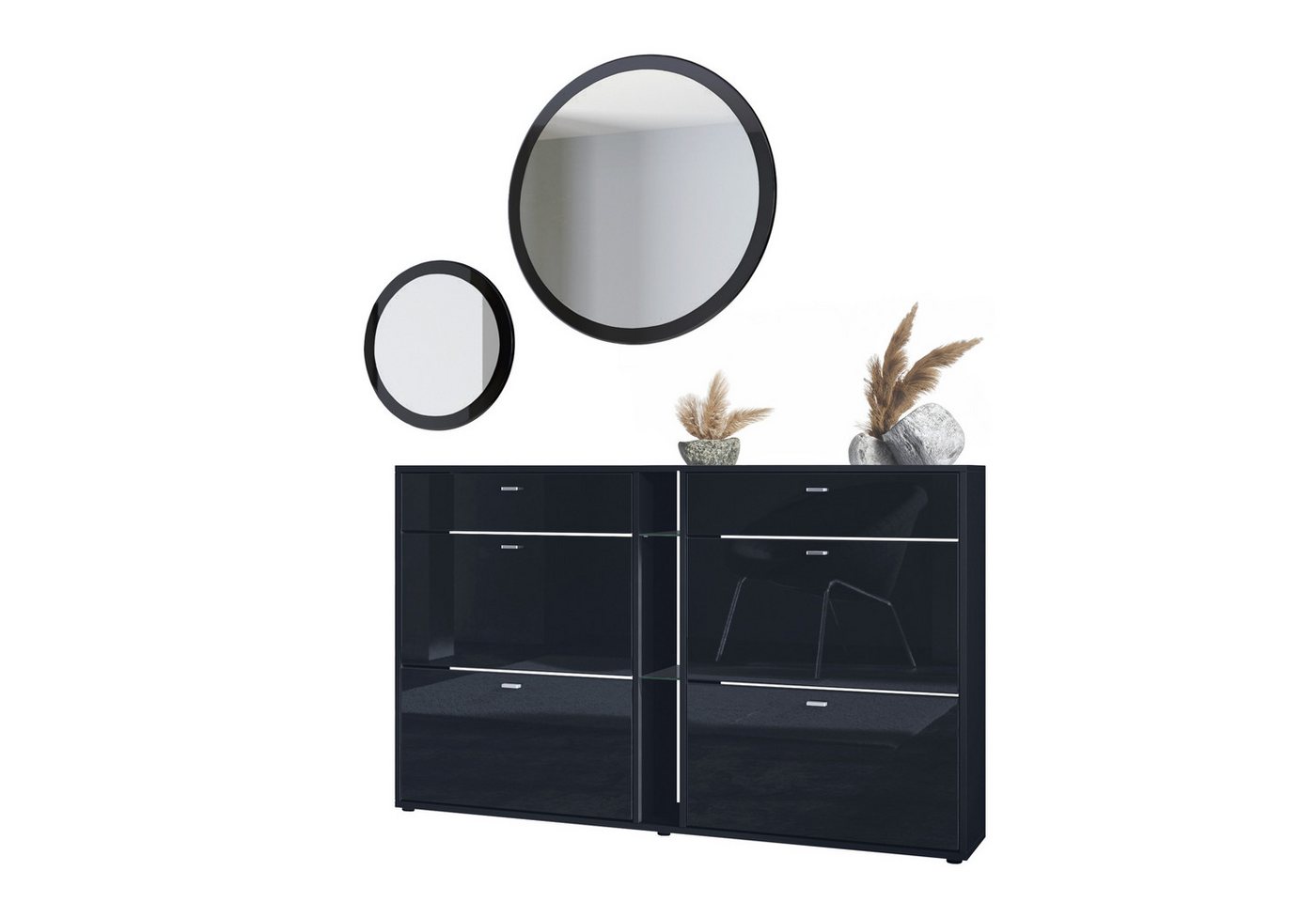 Vladon Garderoben-Set Florence, (Garderoben-Set, mit Schuhschrank und 2 Wandspiegel), Schwarz matt/Schwarz Hochglanz von Vladon