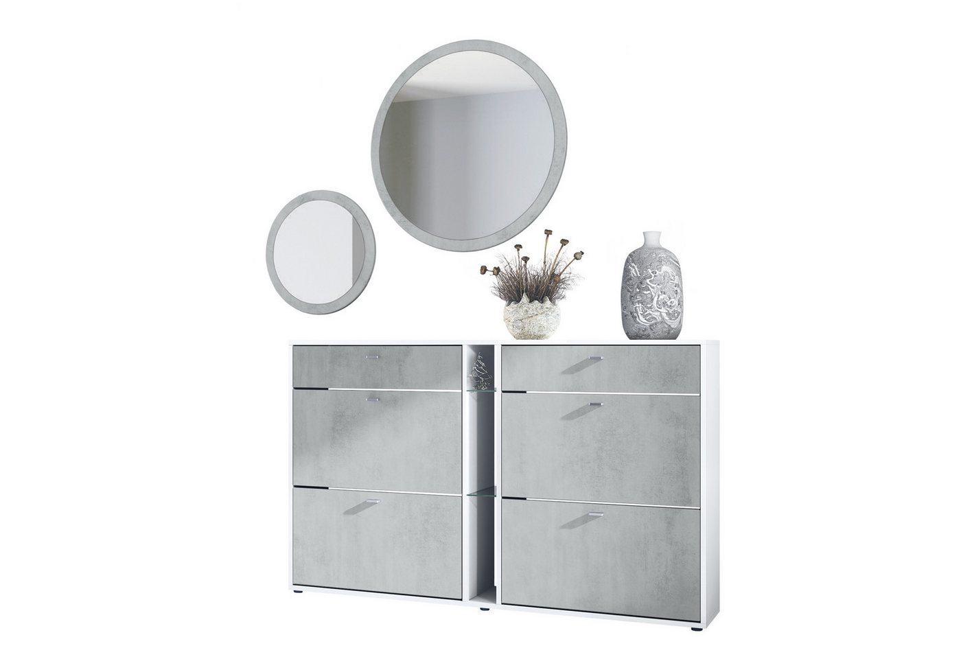 Vladon Garderoben-Set Florence, (Garderoben-Set, mit Schuhschrank und 2 Wandspiegel), Weiß matt/Beton Oxid Optik von Vladon