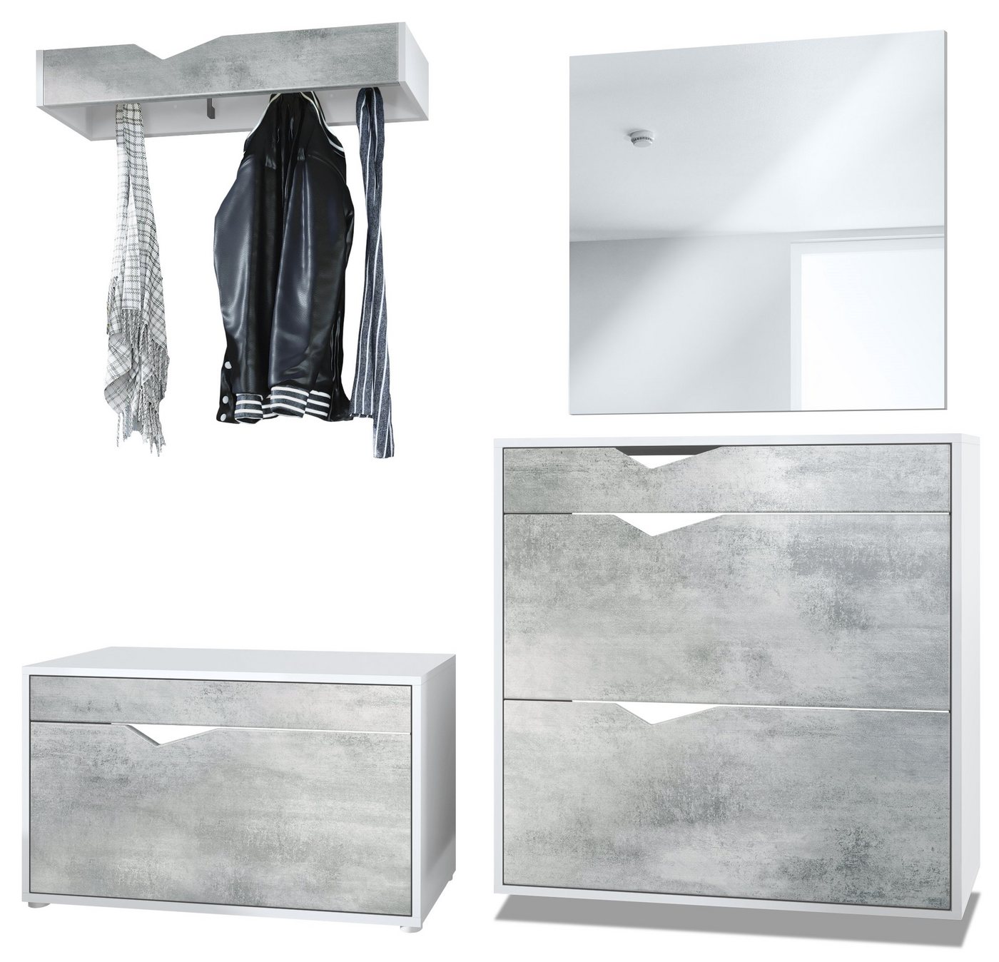 Vladon Garderoben-Set Kolmio, (Garderobenset bestehend aus 1 Schuhschrank, 1 Schuhbank, 1 Spiegel und 1 Wandgarderobe), Weiß matt/Beton Oxid Optik (190 x 185 x 33 cm) von Vladon