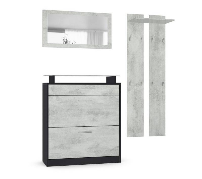 Vladon Garderoben-Set Loret, (Garderobe Set bestehend aus 1 Schuhschrank, 1 Wandspiegel, 2 Garderobenpaneele), Schwarz matt/Beton Oxid-Optik (Schuhschrank 89 x 104 x 23 cm) von Vladon