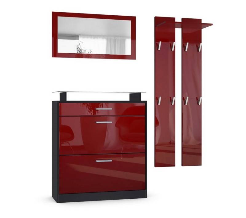 Vladon Garderoben-Set Loret, (Garderobe Set bestehend aus 1 Schuhschrank, 3-St., 1 Wandspiegel, 2 Garderobenpaneele), Schwarz matt/Bordeaux Hochglanz (Schuhschrank 89 x 104 x 23 cm) von Vladon