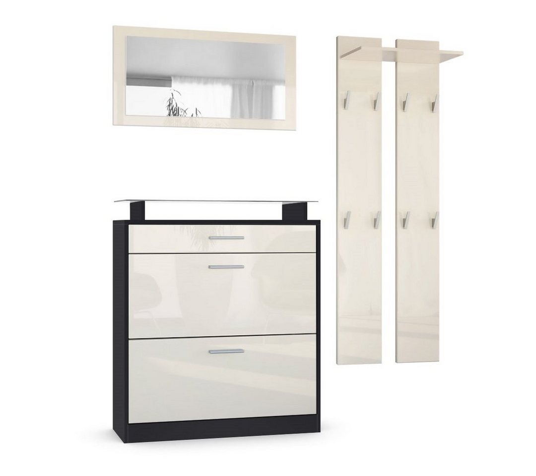 Vladon Garderoben-Set Loret, (Garderobe Set bestehend aus 1 Schuhschrank, 3-St., 1 Wandspiegel, 2 Garderobenpaneele), Schwarz matt/Creme Hochglanz (Schuhschrank 89 x 104 x 23 cm) von Vladon