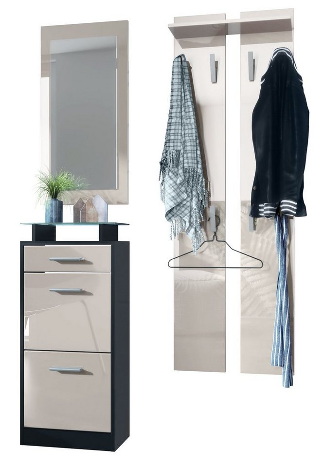 Vladon Garderoben-Set Loret V2, (Garderobe Set bestehend aus 1 Schuhschrank, 1 Wandspiegel, 2 Garderobenpaneele), Schwarz matt/Sandgrau Hochglanz (140 x 23 x 200 cm) von Vladon