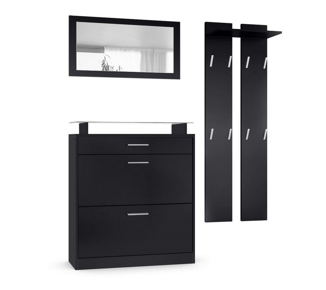 Vladon Garderoben-Set Loret, (Garderobe Set bestehend aus 1 Schuhschrank, 1 Wandspiegel, 2 Garderobenpaneele), Schwarz matt/Schwarz matt (Schuhschrank 89 x 104 x 23 cm) von Vladon