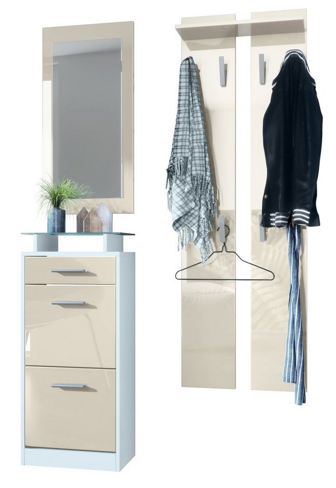 Vladon Garderoben-Set Loret, (Garderobe Set bestehend aus 1 Schuhschrank, 3-St., 1 Wandspiegel, 2 Garderobenpaneele), Weiß matt/Creme Hochglanz (140 x 23 x 200 cm) von Vladon