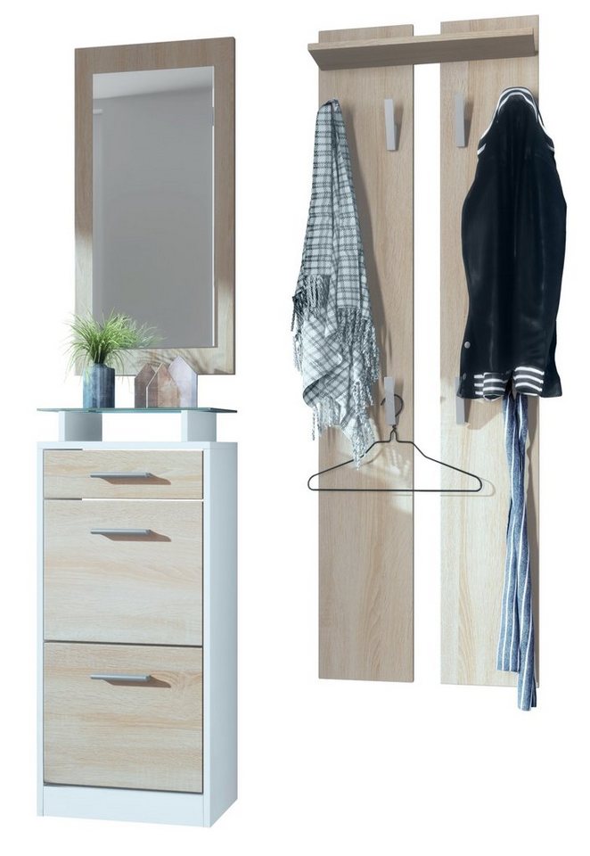 Vladon Garderoben-Set Loret V2, (Garderobe Set bestehend aus 1 Schuhschrank, 1 Wandspiegel, 2 Garderobenpaneele), Weiß matt/Eiche sägerau (140 x 23 x 200 cm) von Vladon