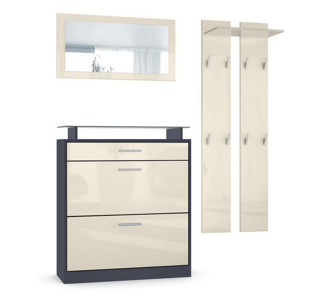 Vladon Garderoben-Set Loret, (Garderobenset bestehend aus 1 Schuhschrank, 1 Wandspiegel, 2 Garderobenpaneele), Anthrazit matt/Creme Hochglanz (Schuhschrank 89 x 104 x 23 cm) von Vladon