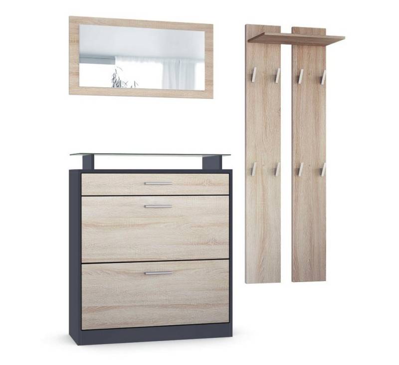 Vladon Garderoben-Set Loret, (Garderobenset bestehend aus 1 Schuhschrank, 1 Wandspiegel, 2 Garderobenpaneele), Anthrazit matt/Eiche sägerau (Schuhschrank 89 x 104 x 23 cm) von Vladon