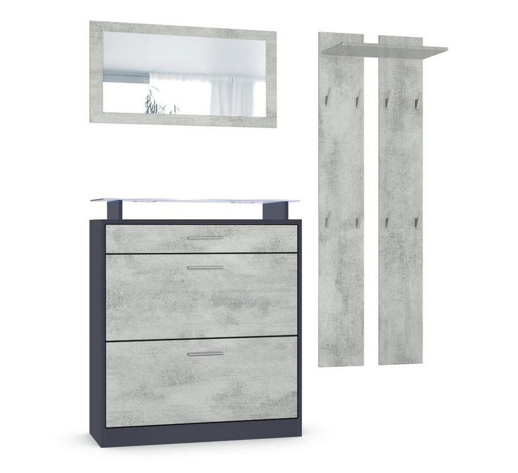 Vladon Garderoben-Set Loret, (Garderobenset bestehend aus 1 Schuhschrank, 1 Wandspiegel und 2 Paneele, inkl. Beleuchtung), Anthrazit matt/Beton Oxid Optik (Schuhschrank 89 x 104 x 23 cm) von Vladon