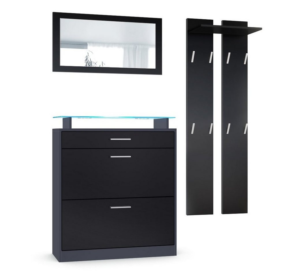Vladon Garderoben-Set Loret, (Garderobenset bestehend aus 1 Schuhschrank, 1 Wandspiegel und 2 Paneele, inkl. Beleuchtung), Anthrazit matt/Schwarz matt (Schuhschrank 89 x 104 x 23 cm) von Vladon