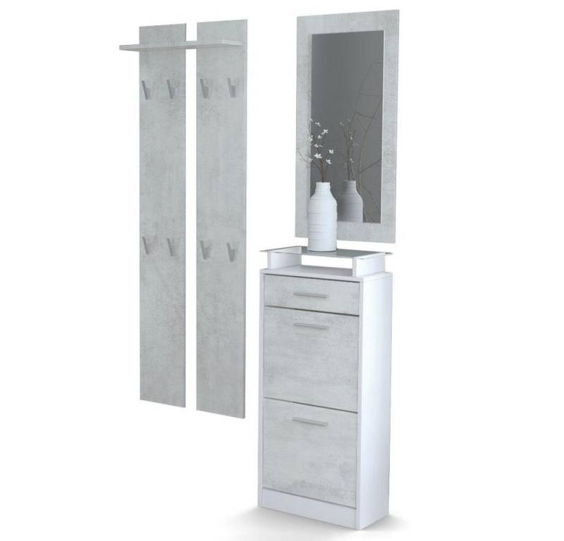 Vladon Garderoben-Set Loret V2, (Garderobenset bestehend aus 1 Schuhschrank, 1 Wandspiegel und 2 Garderobenpaneele), Weiß matt/Beton Oxid Optik (140 x 23 x 200 cm) von Vladon