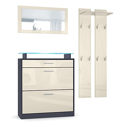 Vladon Garderoben-Set Loret Mini, Schuhschrank 89 x 104 x 23 cm für bis zu 16 Paar Schuhe inkl. Spiegel, 2 Wandpaneele und LED-Beleuchtung in Blau, Anthrazit matt & Creme Hochglanz Vladon Garderoben-Set Loret Mini, Schuhschrank 89 x 104 x 23 cm für bis zu 16 Paar Schuhe inkl. Spiegel, 2 Wandpaneele und LED-Beleuchtung in Blau, Anthrazit matt & Creme Hochglanz von Vladon