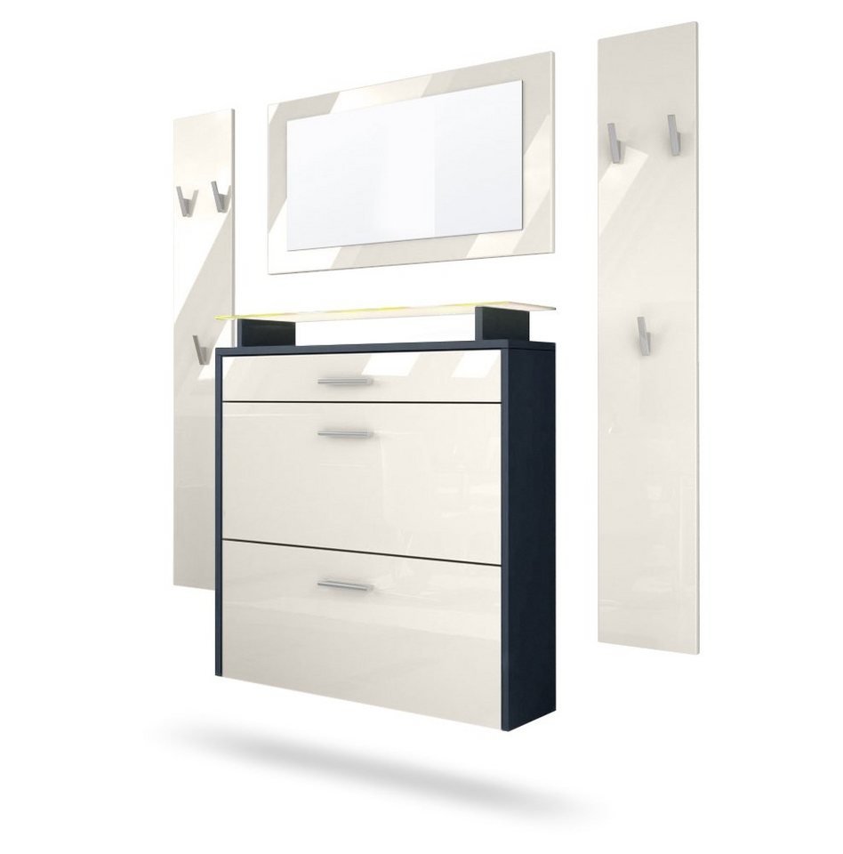 Vladon Garderoben-Set Malea, (Garderobenset bestehend aus 1 Hängeschuhschrank, 1 Wandspiegel und 2 Garderobenpaneele), Anthrazit matt/Creme Hochglanz, inkl. LED-Beleuchtung RGB von Vladon