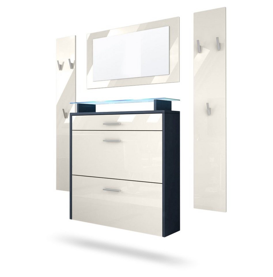 Vladon Garderoben-Set Malea, (Garderobenset bestehend aus 1 Hängeschuhschrank, 1 Wandspiegel und 2 Garderobenpaneele), Anthrazit matt/Creme Hochglanz, inkl. LED-Beleuchtung blau von Vladon